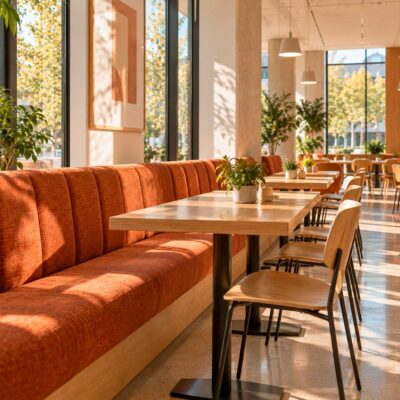 Banco tapizado en cafetería de centro educativo